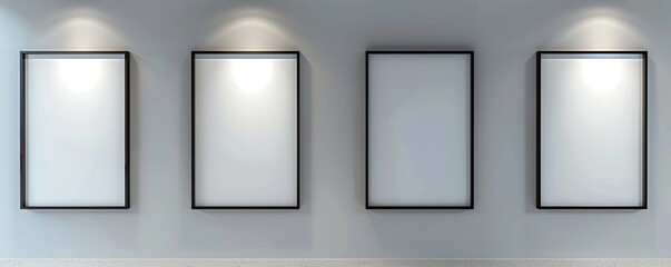 Four empty white frames with dark borders in a sleek, modern architectural design studio, each positioned and spotlighted against a light gray wall. 