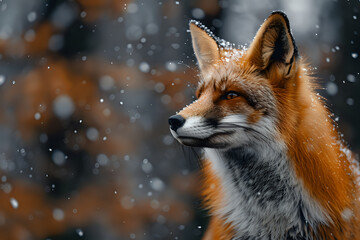 Fototapeta premium Close-up of a red fox in a snowy forest, perfect for content related to wildlife, nature, and seasonal themes. Ideal for promoting wildlife photography, nature conservation, and winter scenes