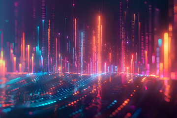 Naklejka premium Abstract digital landscape with vertical glowing lights in red, blue, and pink hues, creating a futuristic and dynamic visual. Perfect for technology, data visualization, and digital art projects with