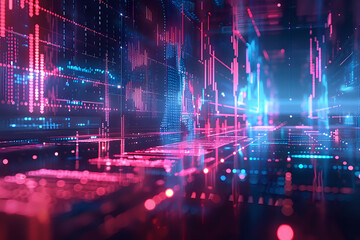 Obraz premium Abstract digital landscape with glowing red and blue lights, creating a futuristic and dynamic visual. Perfect for technology, data visualization, and digital art projects with copy space.