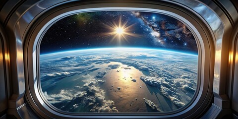 Spaceship window looking out at planet Earth