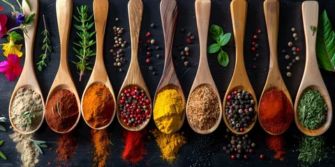 Tableau sur plexiglas Cuisine  A variety of colorful spices and herbs in wooden spoons on a dark background, perfect for food blogs, recipe books, and culinary content. Ideal for highlighting gourmet cooking, flavor diversity,   © Yuliia