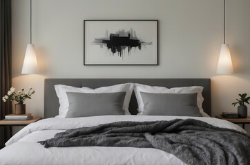 Modern Bedroom with Minimalist Decor, Stylish Lighting, and Cozy Bedding for a Relaxing Ambiance