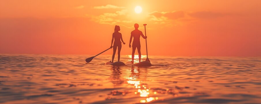 silhouettes of a man and a woman on paddleboards in the sea at the setting sun, Stand Up Paddle,  SUP