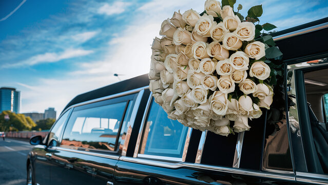 close-up of a black hearse decorated with flowers, going to a funeral