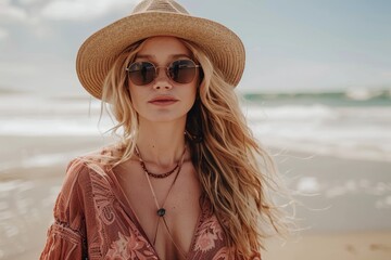 Woman in Bohemian Outfit at the Beach. Generative AI.