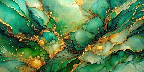 Luxurious abstract alcohol ink art in green and gold tones