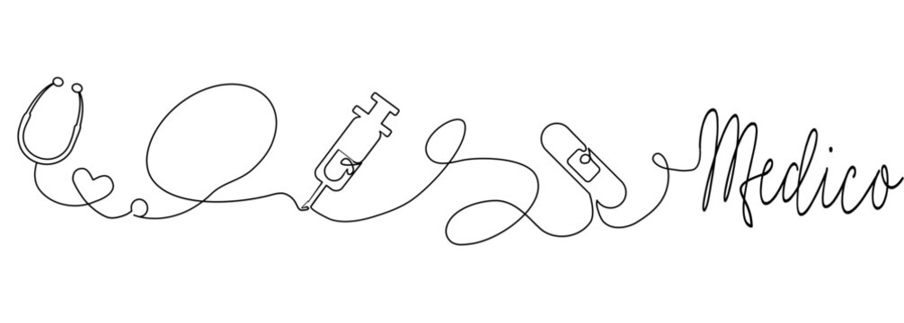 Medico continuous line drawing of Syringe, stethoscope, plaster. Line breaking love for medicine in simple linear style. Vector Graphic Illustration for Canva, presentation, decoration
