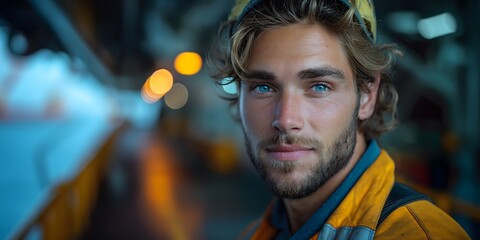 wind turbine service technician looking at the camera, Subject position: Center, Environment: Off-shore wind farm