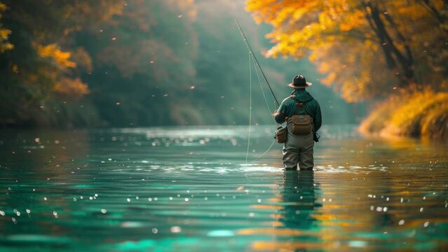 Male angler fishing in a serene river surrounded by autumn foliage, enjoying a peaceful afternoon outdoors in nature.