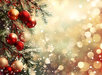 Christmas ornaments hanging on a snowy fir tree branch with a blurred background