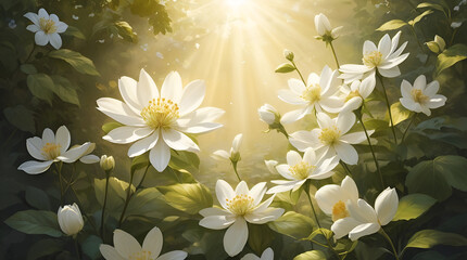 Imagine a scene where nature meets artistry. Picture a white flower as the focal point, surrounded by smaller blooms and golden foliage.