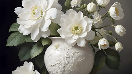 Craft an image reminiscent of classic still-life paintings. Highlight the purity of white flowers, emphasizing their graceful curves and intricate forms.