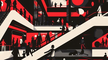 minimalist illustration of zombies in a shopping mall using geometric shapes, black, white, and red