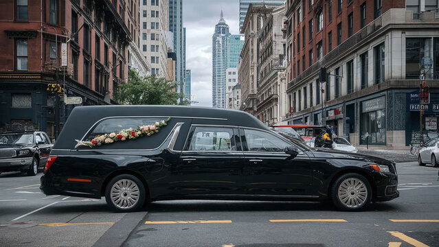 side view of a black hearse decorated with flowers, going to a funeral