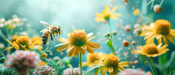 A bee gathering honey from a chamomile flower in summer