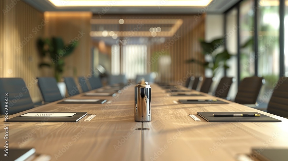 Poster a 3d rendering presents a close-up of a table with equipment in a conference room.