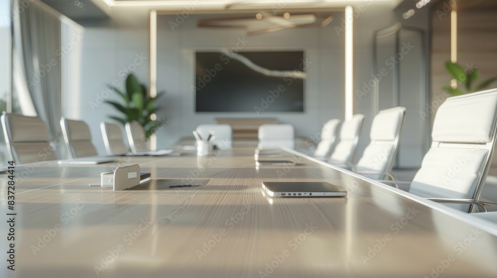 Poster a 3d rendering presents a close-up of a table with equipment in a conference room.
