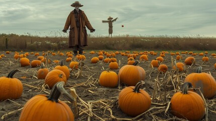 Scattered Pumpkins with Scarecrow in Field