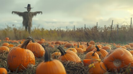 Scattered Pumpkins with Scarecrow in Field
