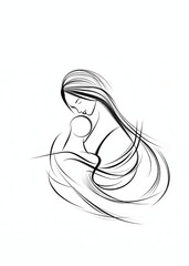 cuadro mujer abrazando bebe dibujo lineal minimista, en  negro y blanco, 
