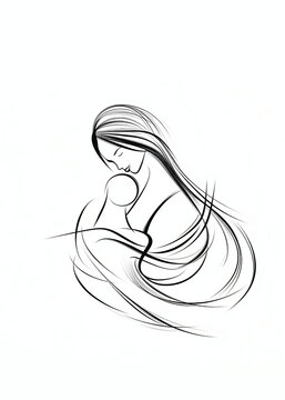 cuadro mujer abrazando bebe dibujo lineal minimista, en  negro y blanco, 