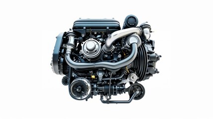 A car engine, representing modern automotive technology, is isolated on a white background.
