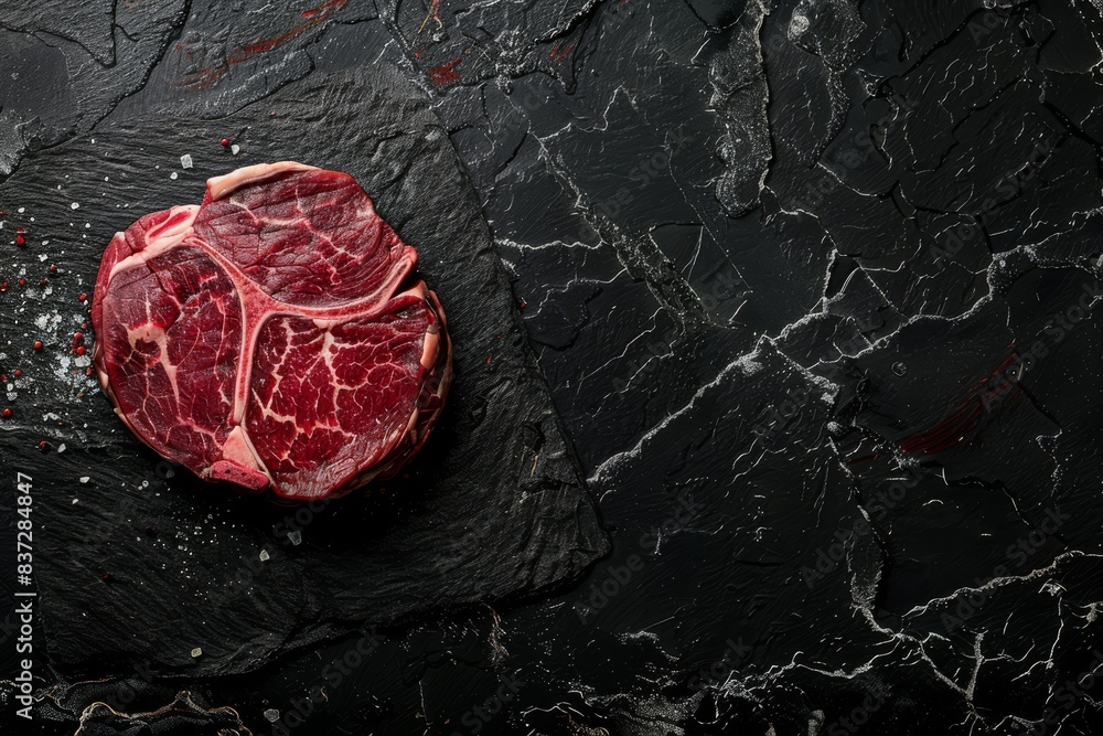 Wall mural Close-up of raw marbled meat steak Ribeye on black rustic stone background ready for cooking, roasting, grill or BBQ party, top view. Meat restaurant concept