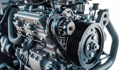 Fototapeta premium A car engine, representing modern automotive technology, is isolated on a white background.