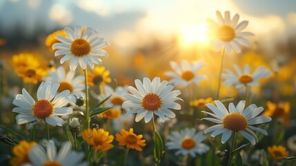 Fototapeta premium White Daisies Blooming in a Field at Sunset