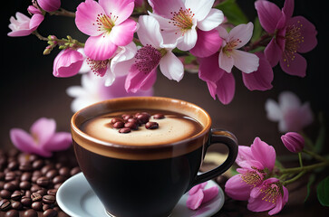 A cup of hot espresso coffee and sakura flowers.