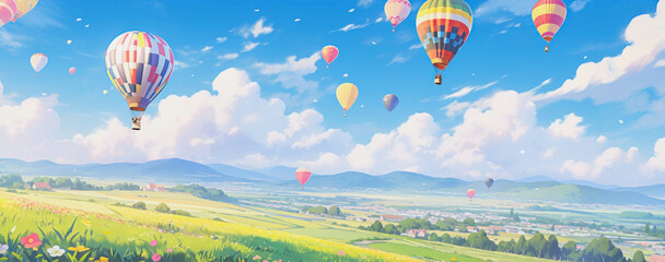 Fototapeta premium anime background with a green landscape and hot air balloons flying over