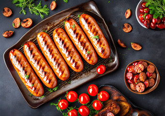 Juicy grilled sausages with cherry tomatoes and greens