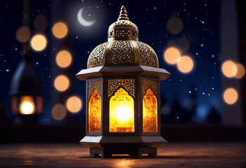 Traditional antique Arabic lamp shines brightly.