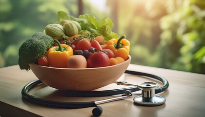 A bowl of fruit and vegetables sits on a table next to a stethoscope. Concept of health and...