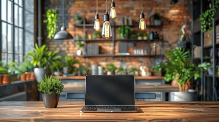 Obraz premium Laptop on Wooden Table in a Modern Loft Space With Plants and Edison Bulbs