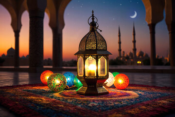 Arabian lamp on Persian rug in front of mosque