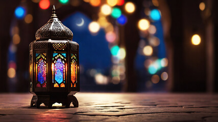 Traditional Arabic lamp in the large hall of the mosque.