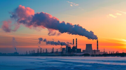 Winter sunset, silhouetted power plant with smoke from burned coal pipes visible