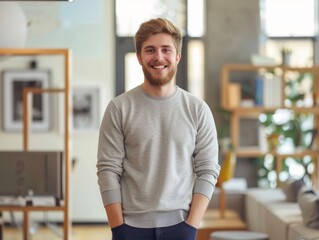Obraz premium Smiling Young Man in Casual Sweater Indoors. Generative AI.