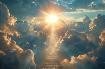 Wooden Pathway Leading Towards Sunset Through Clouds