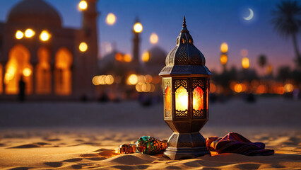 Arabian lamp stands on the sand. Oasis, mosques.