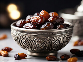 Dried dates in copper bowl. Ramadan, islamic religion concept.