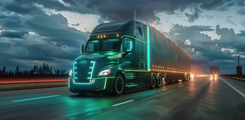 Green Semi-Truck Driving on Wet Highway at Night