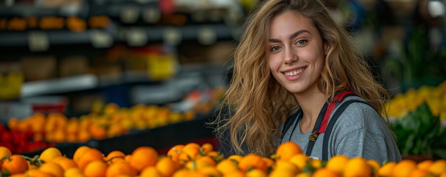 Happy young woman at a fruit market