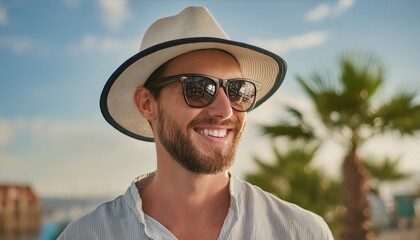 A man exudes effortless style as he smiles in his sun hat and sunglasses, the palm trees and blue sky creating a beachy backdrop for his fashionable outdoor look