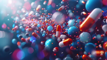 Creative abstract illustration of the pharmaceutical industry, molecular shapes, vibrant hues, drug discovery processes, innovative patterns, futuristic elements, ultra-realistic, 4K resolution, no
