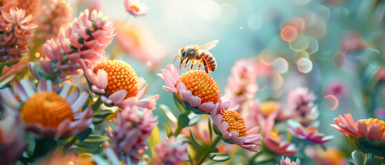 A bee gathering honey from a chamomile flower in summer