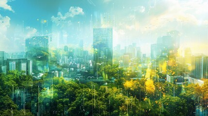 Stunning abstract illustration of sustainable business practices in a vibrant, futuristic cityscape, eco-friendly designs, high-tech innovations, green technology, environmental consciousness, modern