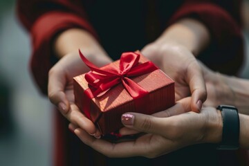 Close-up view of hands of woman giving red gift box tied to bow handed to man. Giving gifts during the Christmas, celebrating happy birthday or marriage anniversary, international women s day.